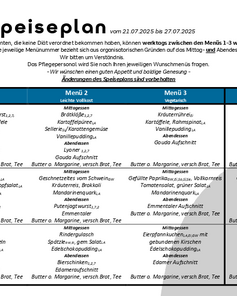 Speiseplan für Patienten vom 21.07.2025 bis 27.07.2025 mit drei Menüoptionen und Informationen zu Beilagen und Nährstoffen.