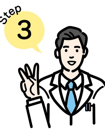 Ein Arzt in einem weißen Kittel zeigt mit seiner Hand die Zahl drei. Über ihm schwebt eine Sprechblase mit der Aufschrift "Step 3".