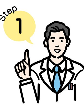 Ein Arzt in einem weißen Kittel hebt den Zeigefinger und zeigt auf eine Sprechblase mit der Aufschrift "Step 1".
