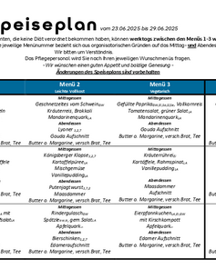Speiseplan für Patienten mit Menüoptionen 1 bis 3, gültig vom 23.06.2025 bis 29.06.2025. Enthält verschiedene Gerichte für Frühstück, Mittagessen und Abendessen, einschließlich Angaben zu Beilagen und Aufstrichen.

---

Speiseplan für Patienten mit Menüoptionen 1 bis 3,
